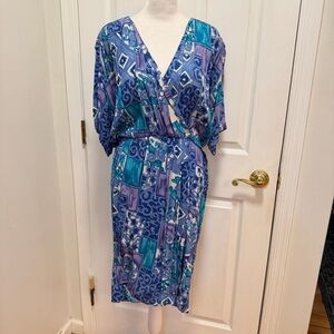 Vintage 80s Leslie Fay Blue and Purple Geometric Midi Dress